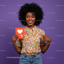 Vibrant Young Woman Holding Like Icon in Bright Casual Outfit