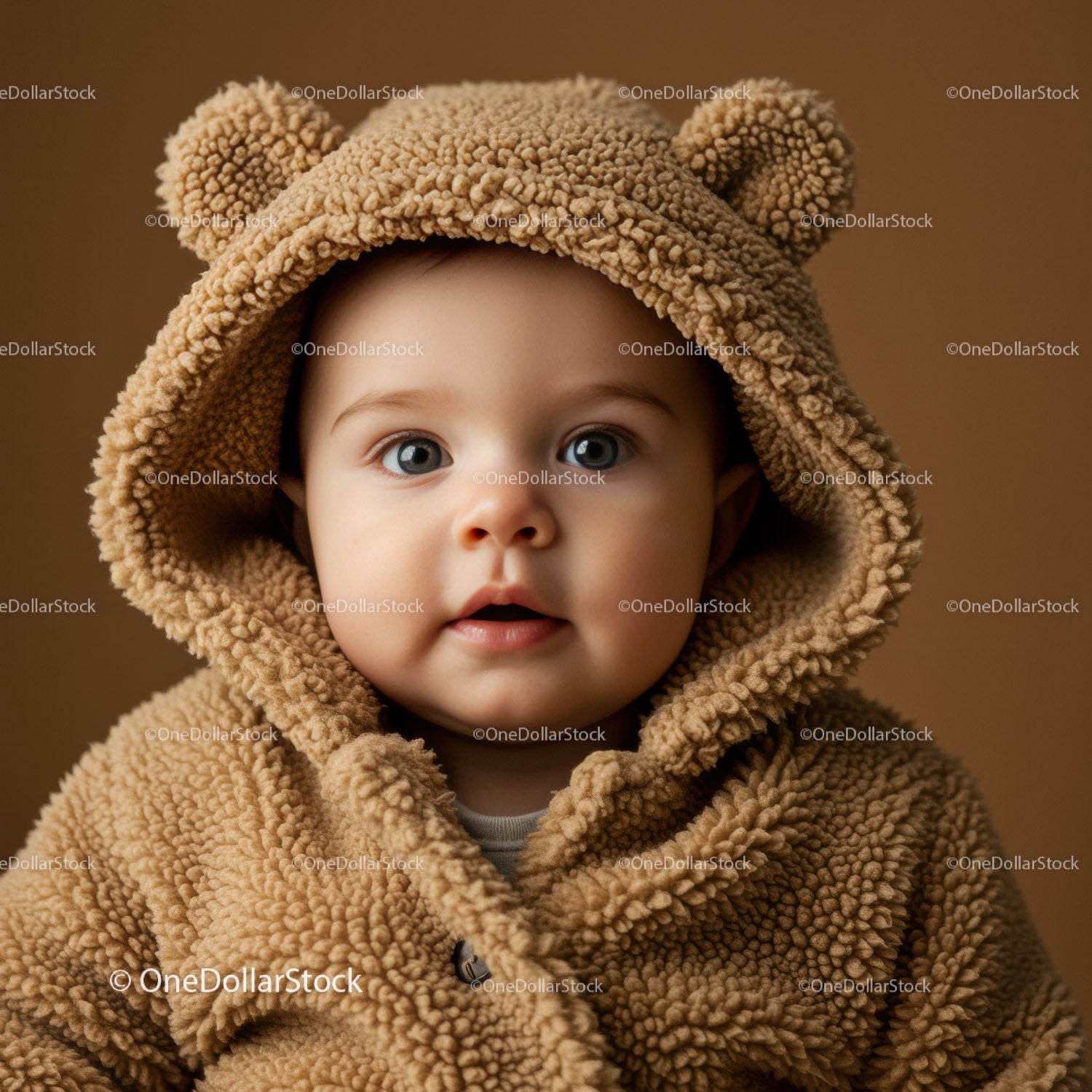 Adorable Baby Wearing Cozy Teddy Bear Hoodie