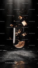 Champagne Glass with Ice Cubes and Bubbles in a Dark Setting