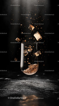 Champagne Glass with Ice Cubes and Bubbles in a Dark Setting