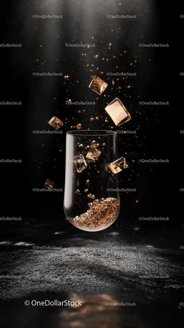 Champagne Glass with Ice Cubes and Bubbles in a Dark Setting