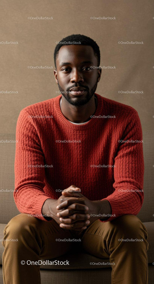 Pewny siebie mężczyzna siedzący w casualowym czerwonym swetrze i brązowych spodniach