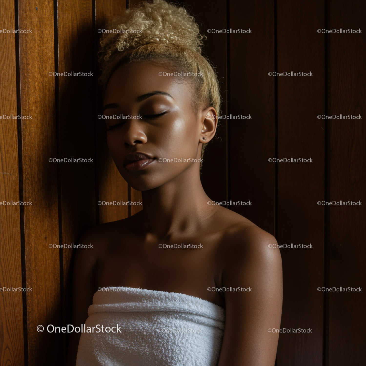 Elegant Woman Resting with Eyes Closed Against Wooden Wall