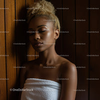 Elegant Woman Resting with Eyes Closed Against Wooden Wall