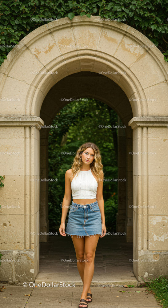 Casual Summer Look of Young Woman in Denim Skirt