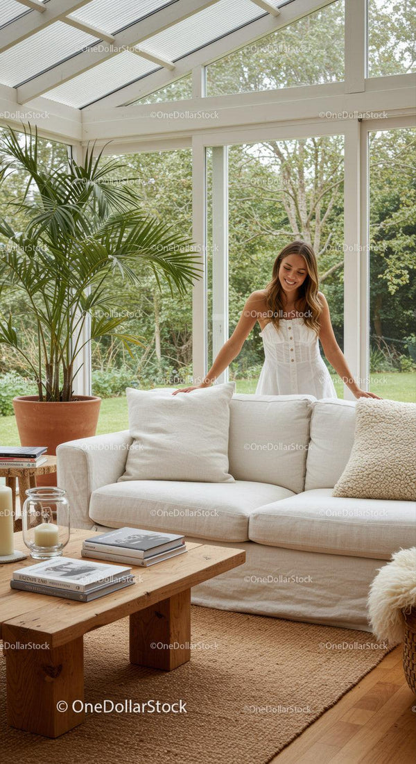 Woman Enjoying Cozy Sunroom with Natural Light
