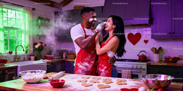 Couple Playfully Baking Heart Cookies in Cozy Kitchen