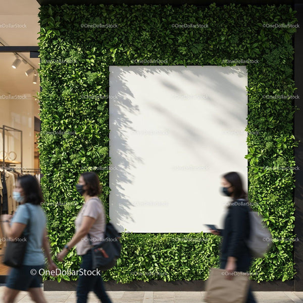 Blank white billboard framed by lush green wall plants JPG Mockup Image