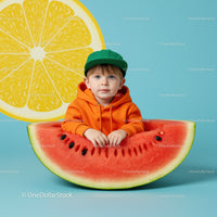 Toddler sitting inside giant watermelon slice on blue