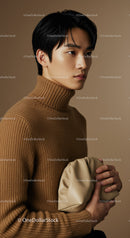 Male Model in Brown Turtleneck Sweater Holding Beige Clutch for Fashion Portrait