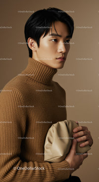 Male Model in Brown Turtleneck Sweater Holding Beige Clutch for Fashion Portrait