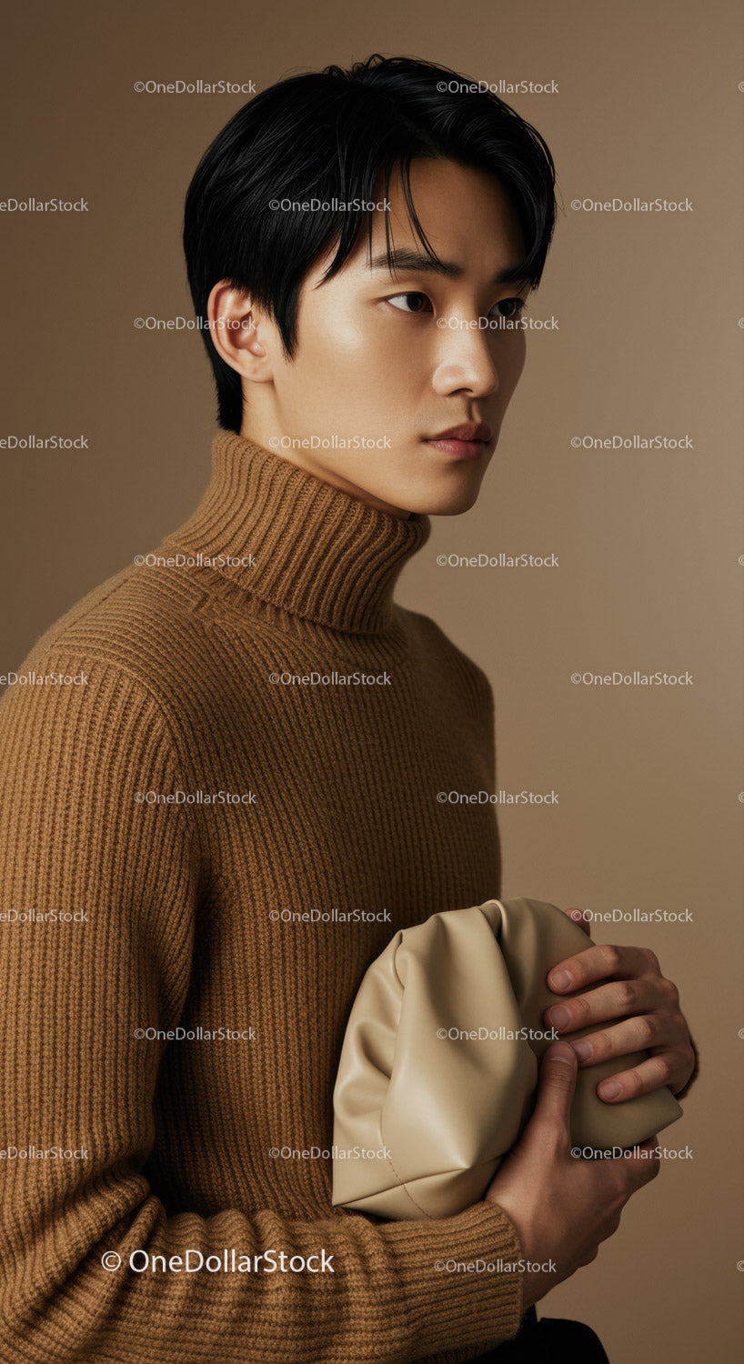 Male Model in Brown Turtleneck Sweater Holding Beige Clutch for Fashion Portrait
