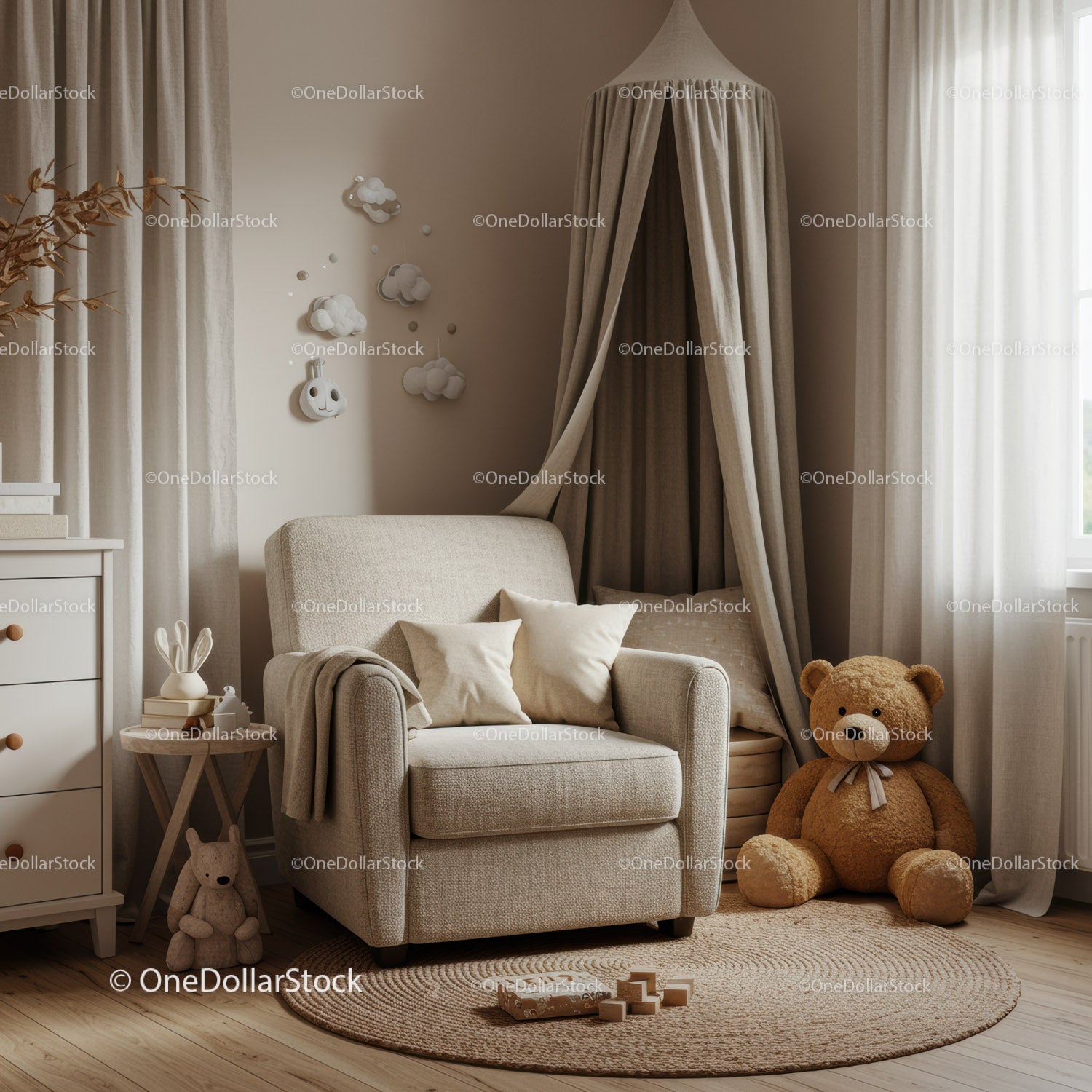 Cozy corner in neutral toned nursery with plush toys