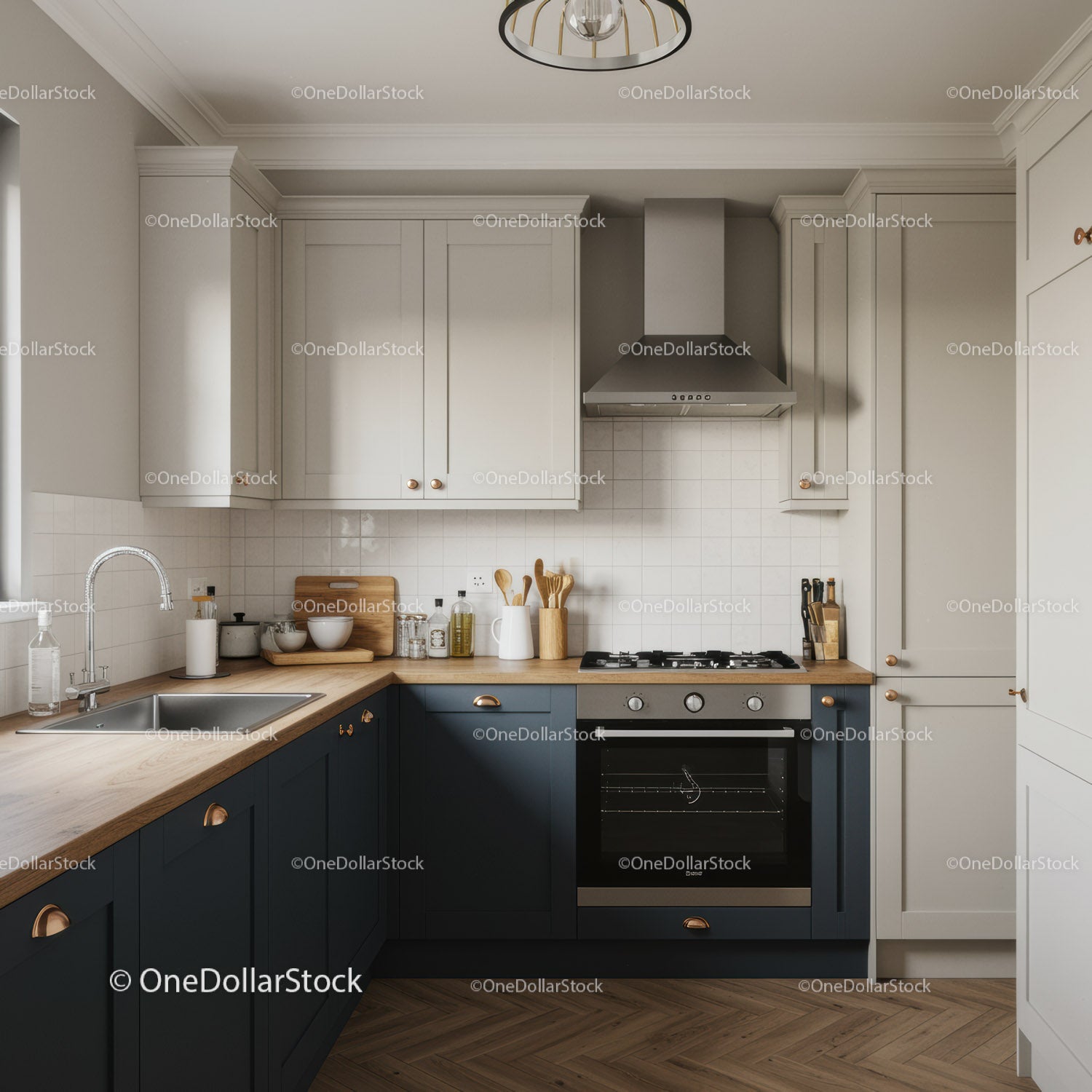 Modern Navy Blue Kitchen with Wooden Countertop and Stainless Steel Appliances