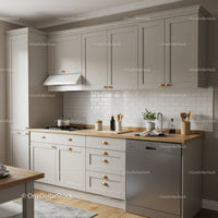 Modern Kitchen with White Cabinets Wooden Countertop and Stainless Steel Dishwasher