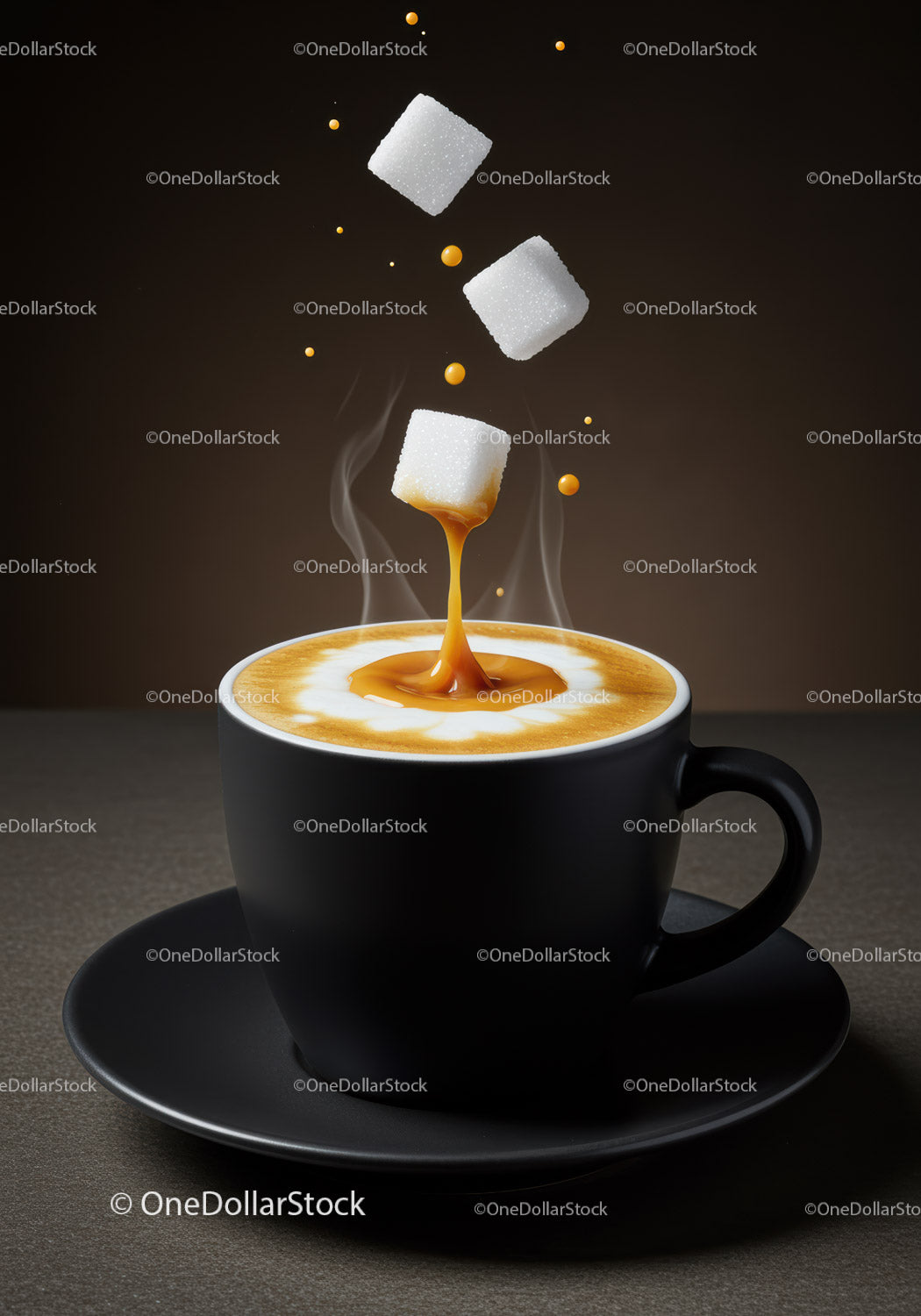 Sugar Cubes Falling Into Steaming Latte Coffee Cup