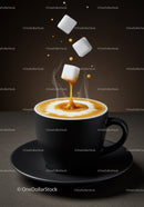 Sugar Cubes Falling Into Steaming Latte Coffee Cup