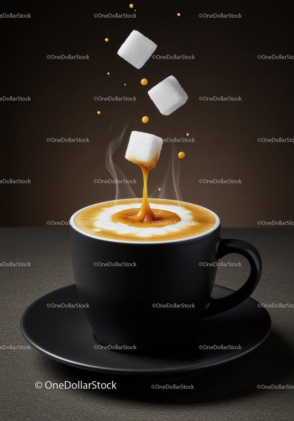 Sugar Cubes Falling Into Steaming Latte Coffee Cup
