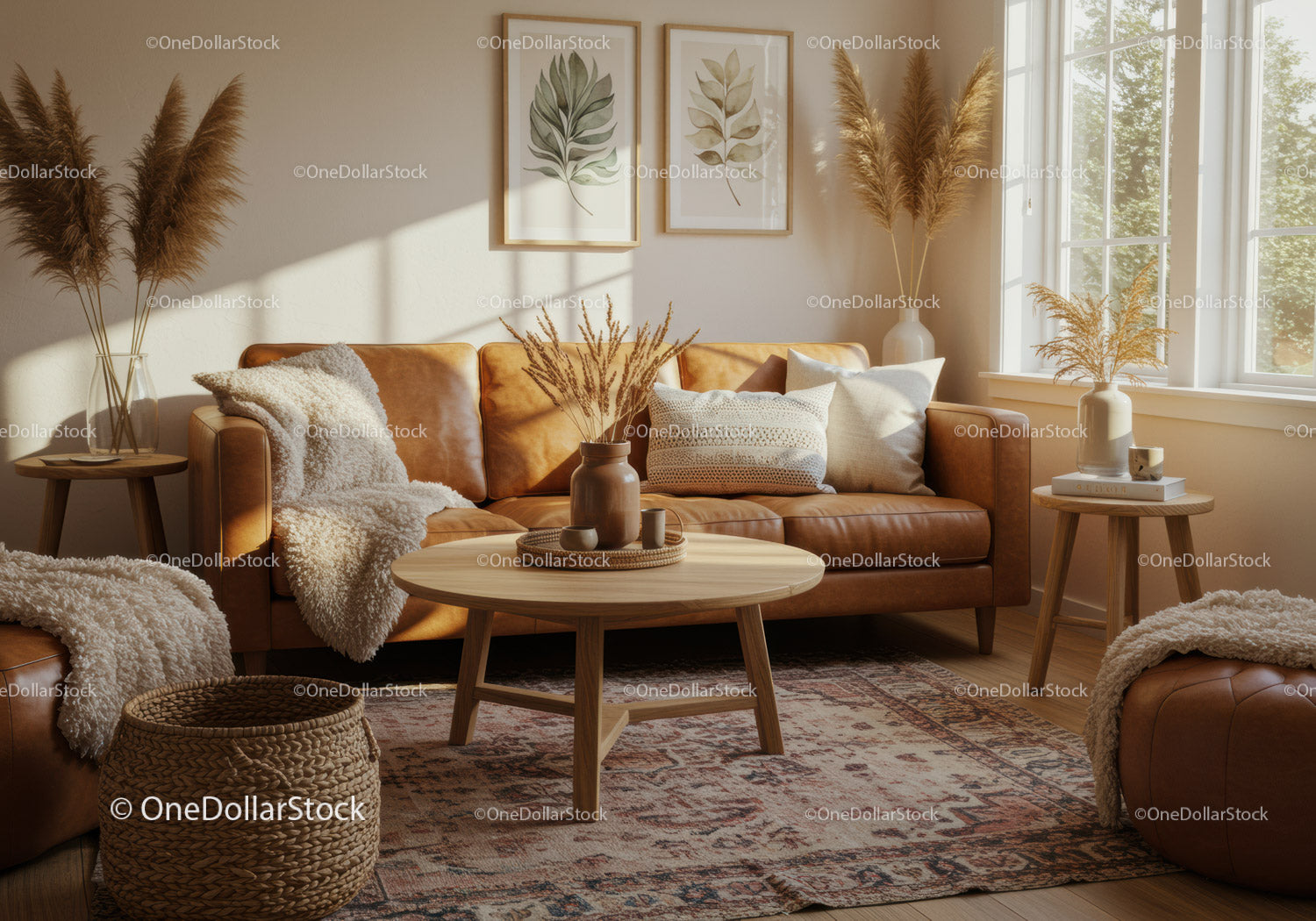 Cozy living room with leather sofa and natural decor