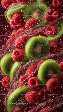 Fresh Raspberries and Kiwifruit Water Splash in Close-Up