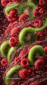 Fresh Raspberries and Kiwifruit Water Splash in Close-Up