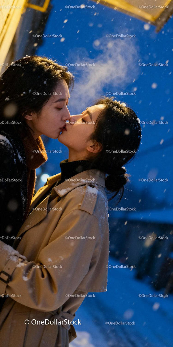 Couple sharing a tender winter kiss under snowfall