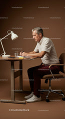Senior Man Concentrating While Writing in Modern Workspace