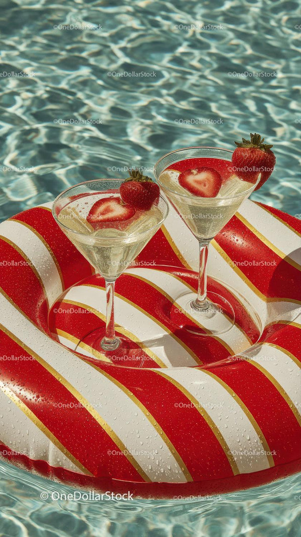 Refreshing Strawberries and Heart Ice Cocktails on Pool Float