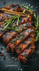 Grilled Beef Ribs with Fresh Green Herbs on Plate