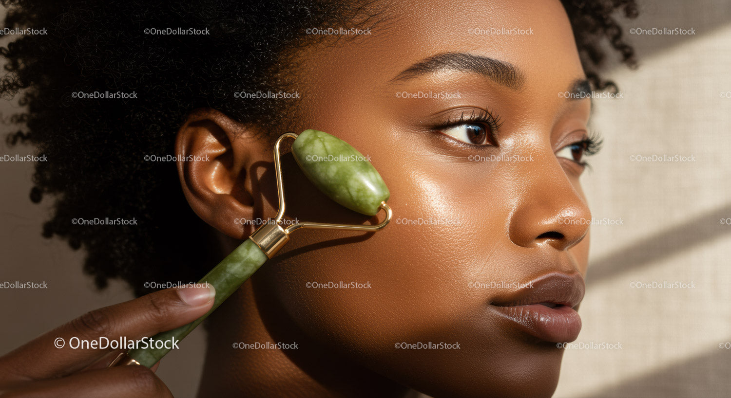 Close-up of Young African American Woman Using Jade Roller for Face