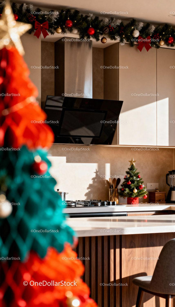 Cozy modern kitchen with festive Christmas decorations