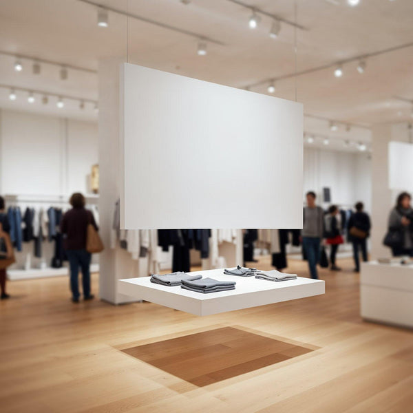Modern retail space with floating display shelf JPG Mockup Image