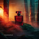 Luxury Red Perfume Bottle in Mystical Forest Scene