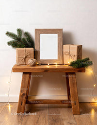 Cozy rustic holiday decor with wooden frame and gifts JPG Mockup Image preview