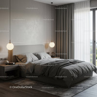 Modern Minimalist Bedroom with Large Window and Cozy Bedding