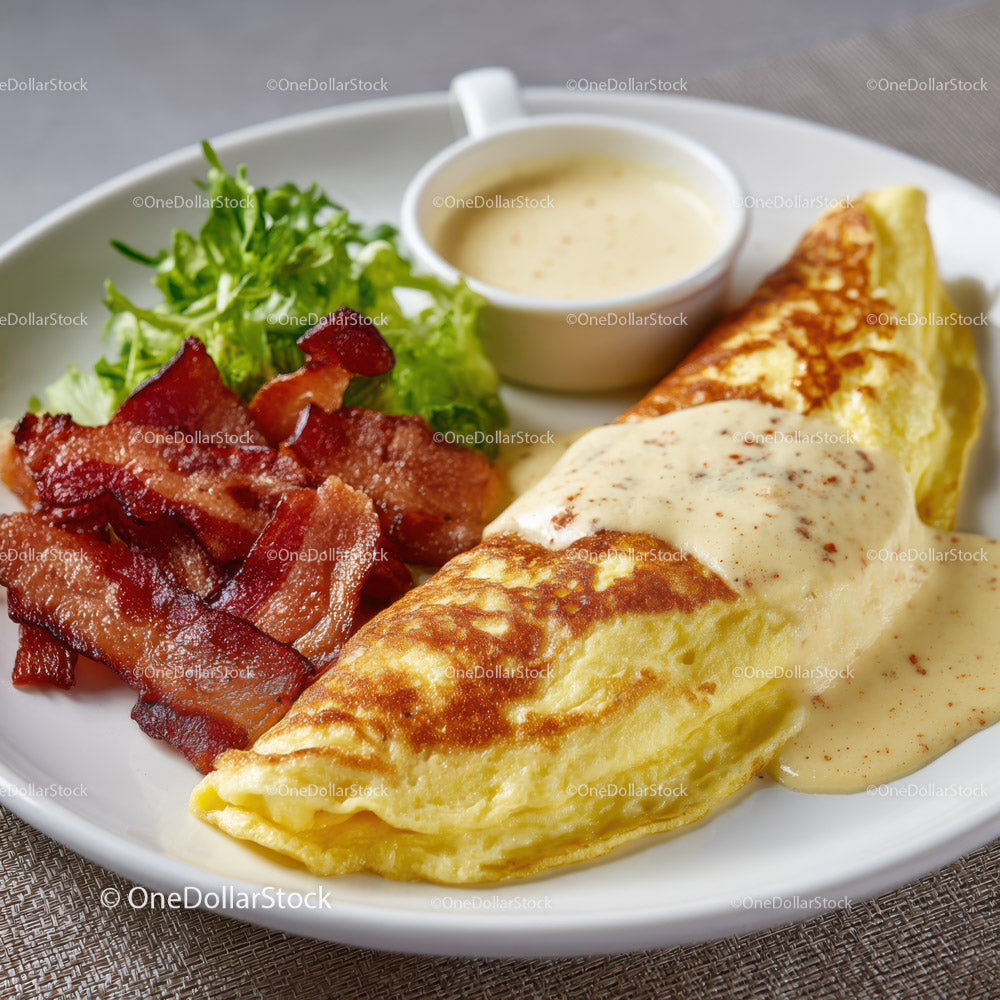 Savory Omelette with Crispy Bacon and Fresh Green Salad