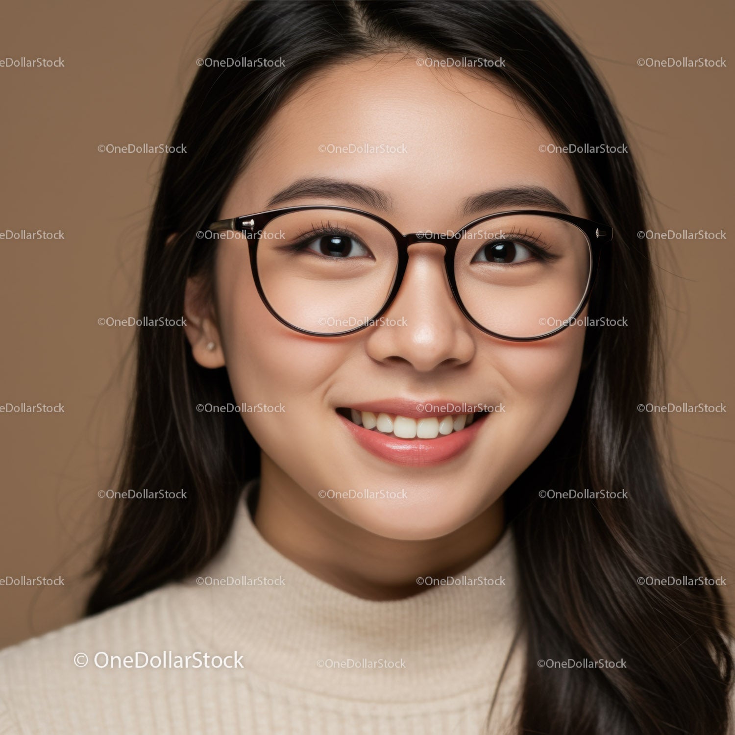 Portrait of a Smiling Young Woman in Frame, Glasses, and Warm Background