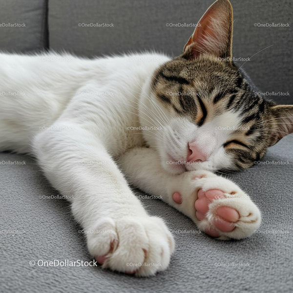 Peaceful Tabby Cat Sleeping on Cozy Gray Sofa
