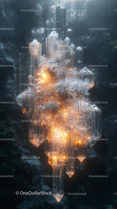 Futuristic Cityscape with Glowing Crystals and High-Tech Architecture