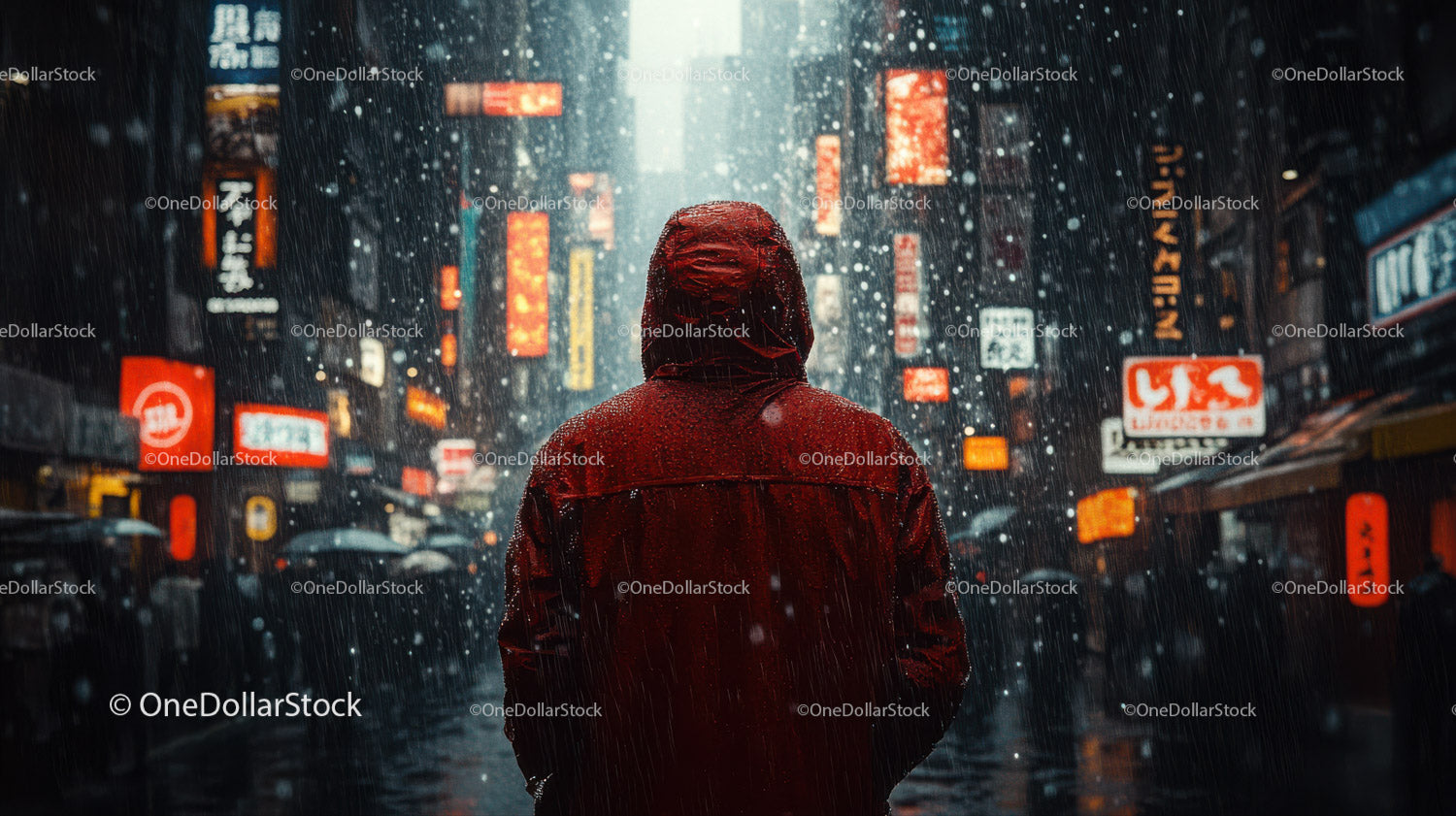Vibrant City Night Scene with Rain and Neon Lights