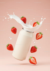 Fresh strawberries splashing into creamy milk can