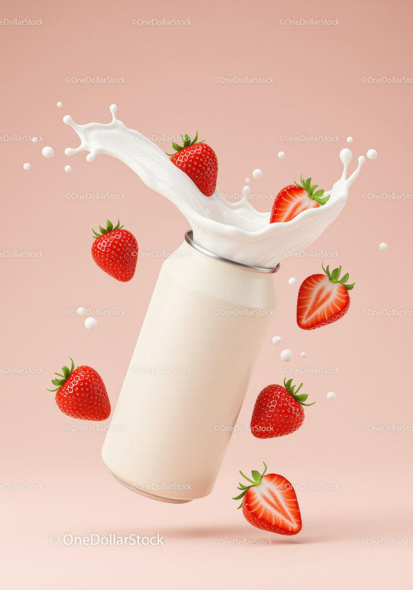 Fresh strawberries splashing into creamy milk can JPG Mockup Image