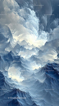Abstract Mountain Scene with Dreamy Cloud Formations in Blue and White
