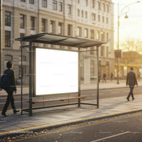 Urban bus stop with empty illuminated ad panel