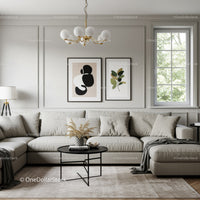 Elegant Modern Living Room with Neutral Tones and Botanical Art