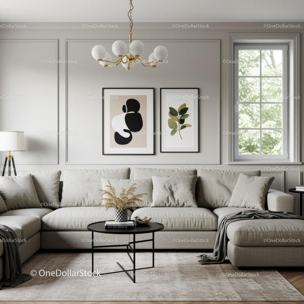 Elegant Modern Living Room with Neutral Tones and Botanical Art