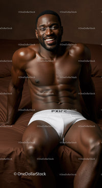 Smiling muscular man relaxing on brown bed in white briefs