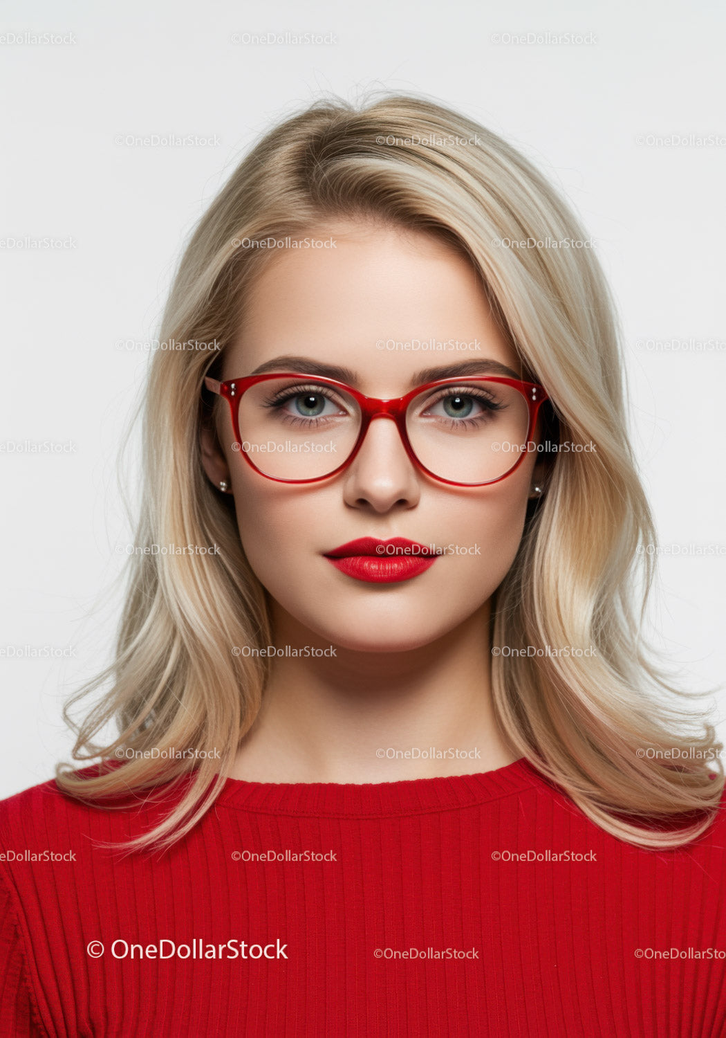 Elegant Woman with Blonde Hair and Red Glasses in Studio Portrait