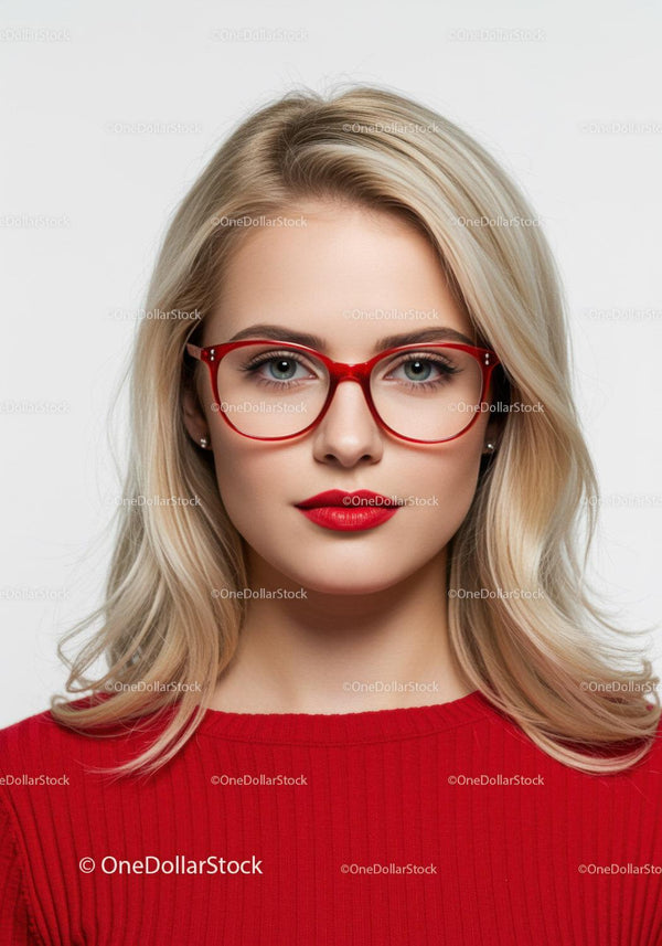 Elegant Woman with Blonde Hair and Red Glasses in Studio Portrait