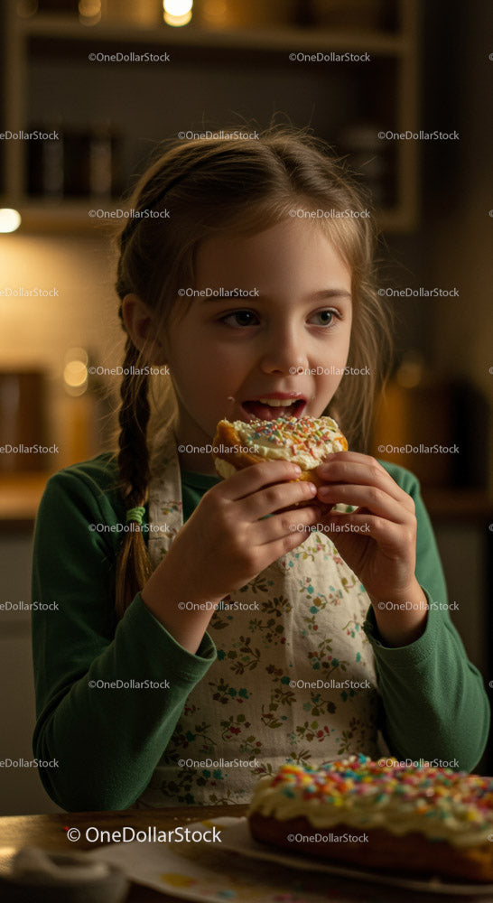 Girl Eating a Colorful Donut in a Cozy Kitchen (13 Images)